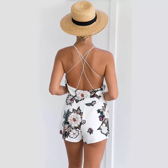 Strappy Open Back Cross Front Floral Print Romper - Picture 2 of 6